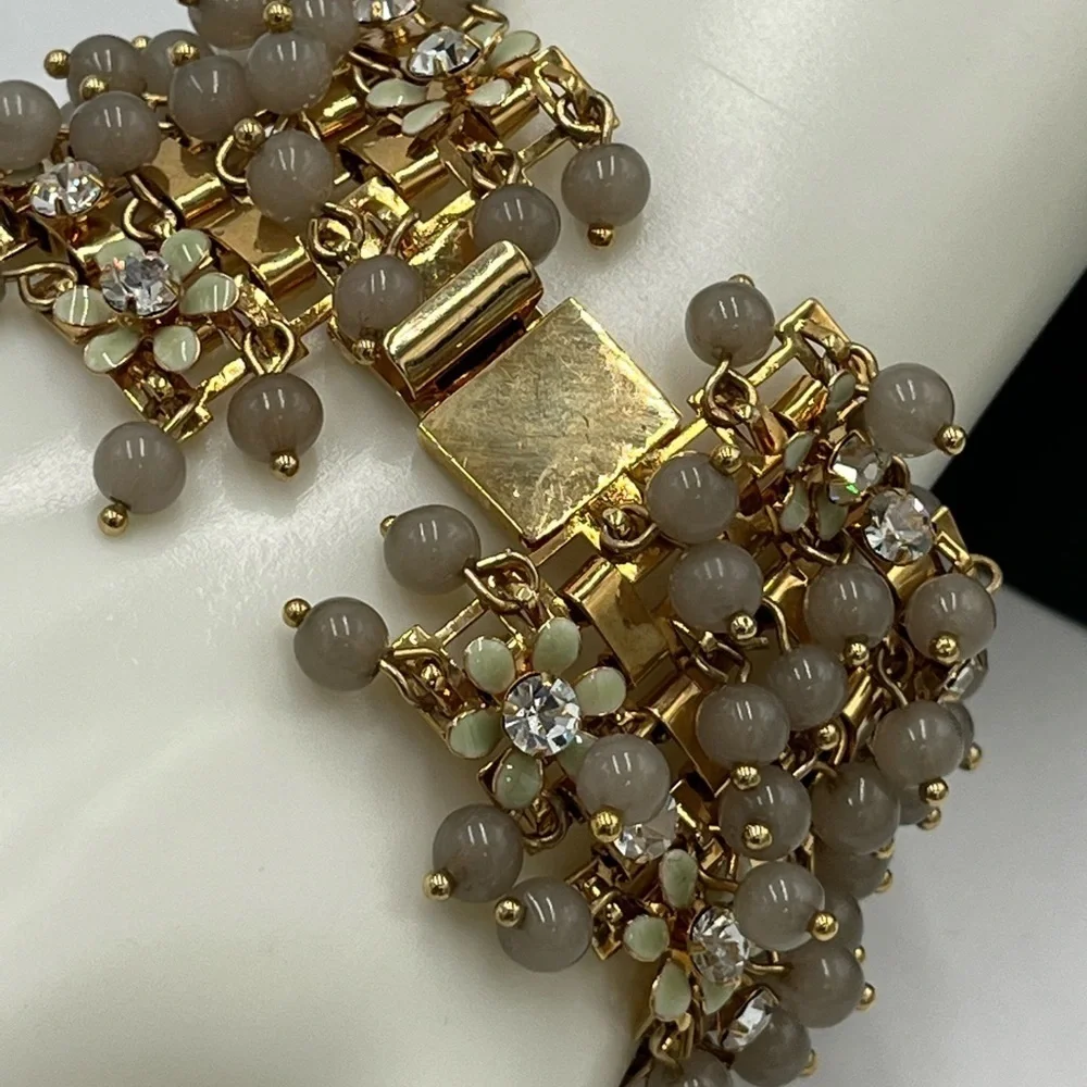 J.Crew Cluster Crystal Flowers Grey Lucite Beads Signed‎ Statement Bracelet